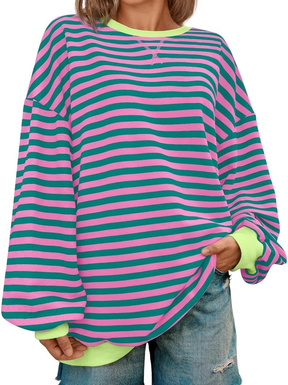 Striped Crewneck Sweater in Pink & Teal by